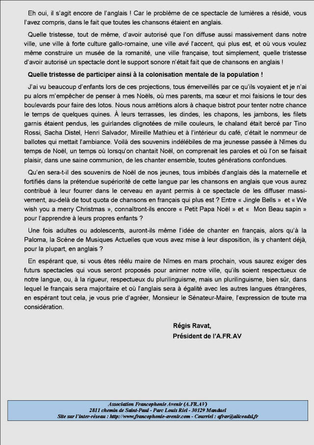 lettre au Maire de Nîmes, M. Jean-Paul Fournier, à propos du Noël en anglais 2013