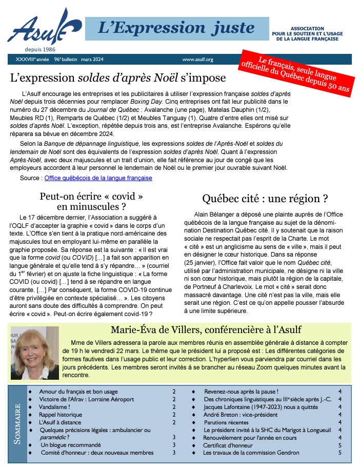 Asulf, Association pour le soutien et l'usage de la langue franaise bulletin n 96 mars 2024