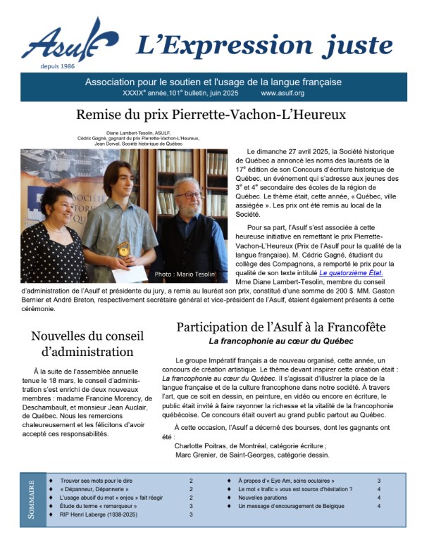 ASULF, Expression juste, bulletin juin 2025, bulletin 101, Québec