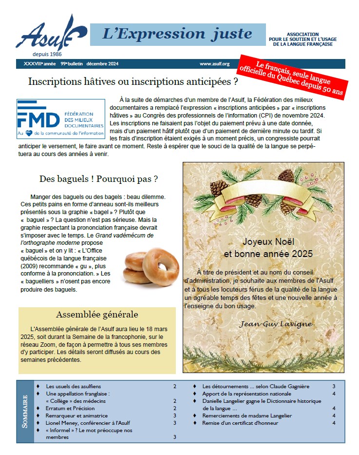 Asulf, Association qu�b�coise pour le soutien et l'usage de la langue fran�aise, bulletin num�ro 99, d�cembre 2024