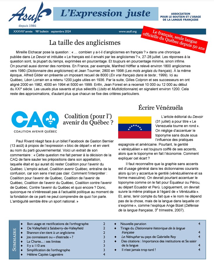 ASULF, Association québécoise pour le Soutien et l'usage de la langue française, bulletin de septembre 2024