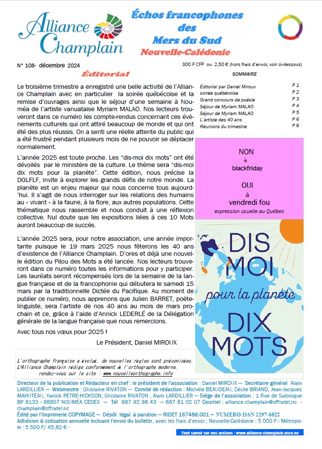 Echos francophones des Mers du Sud numéro 108, Alliance Champlain, Nouvelle-Calédonie, décembre 2024