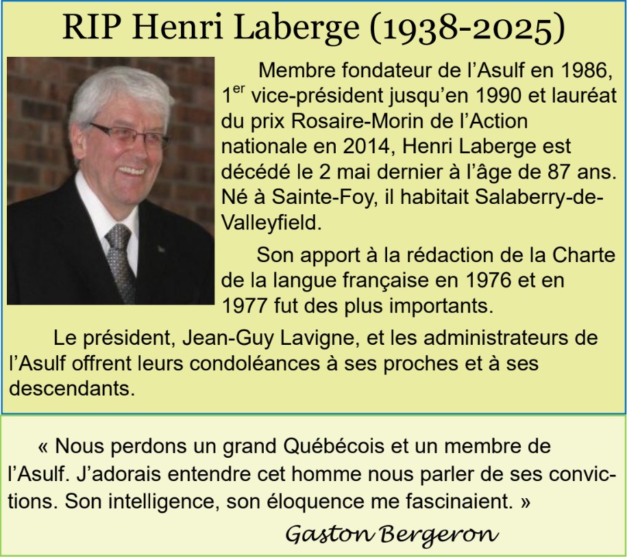 Henri Laberge, Québec, Asulf, Charte de la langue française