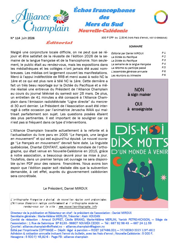 Nouvelle-Calédonie, Echos francophones des Mers du Sud, Alliance-Champlain, numéro 114