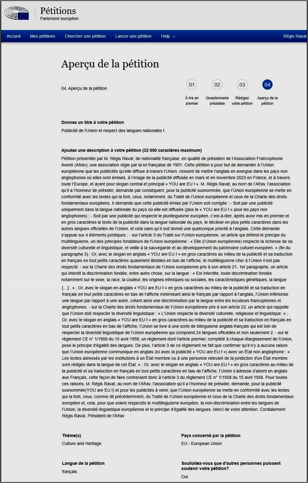 Petition-plainte de l'Afrav envoye au Parlement europen en novembre 2023