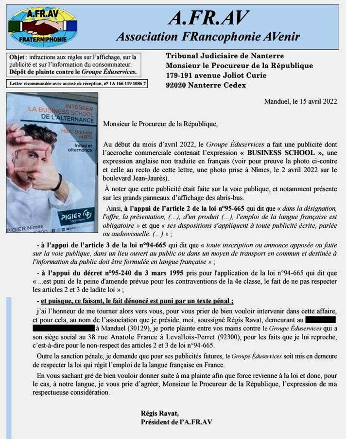 Plainte de l'Afrav auprès du procureur de la République-du TJ de Nanterre contre l'anglomanie de la société Eduservices, le 15 avril 2022