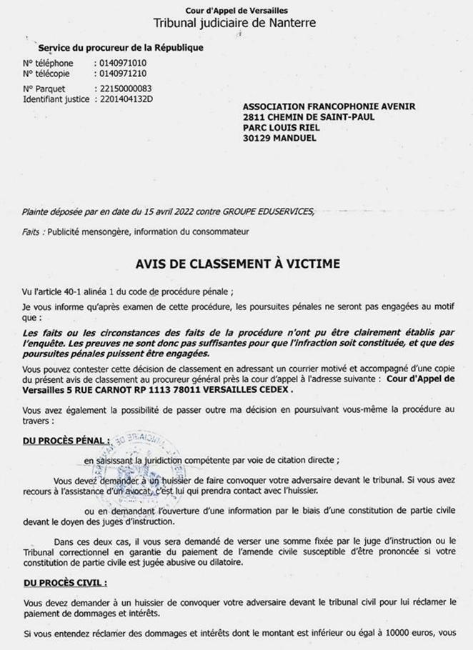 Plainte de l'Afrav classée sans suite par le procureur de la République du TJ de Nanterre affaire contre la société Eduservices le 29 juillet 2022