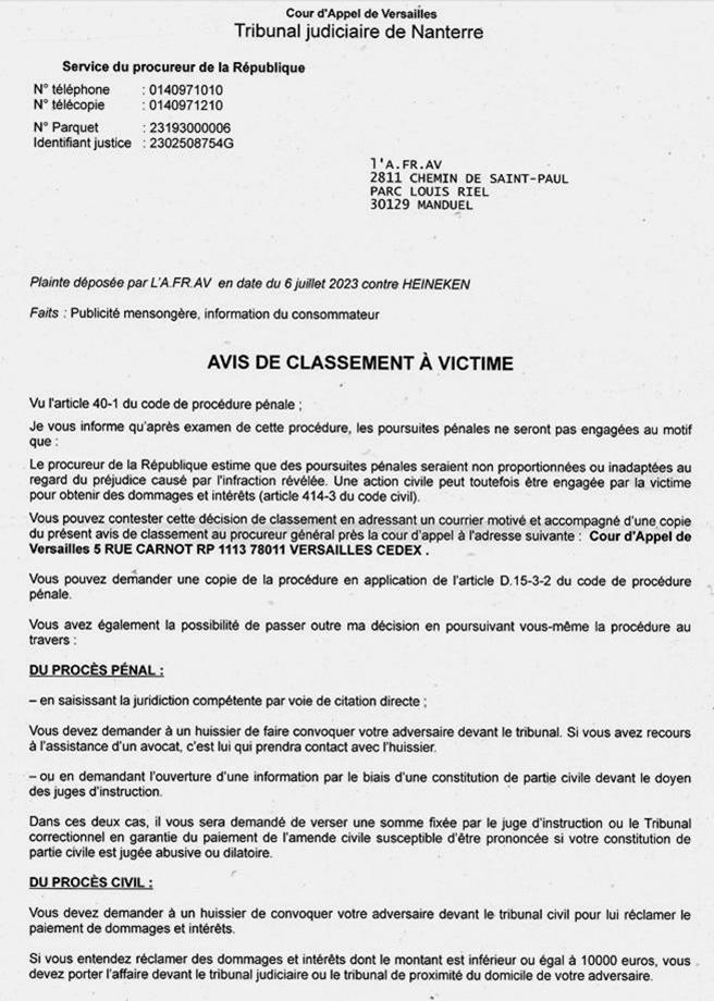 Plainte de l'Afrav classée sans suite par le procureur de la République du TJ de Nanterre, affaire contre le groupe Heineken, le 13 octobre 2023