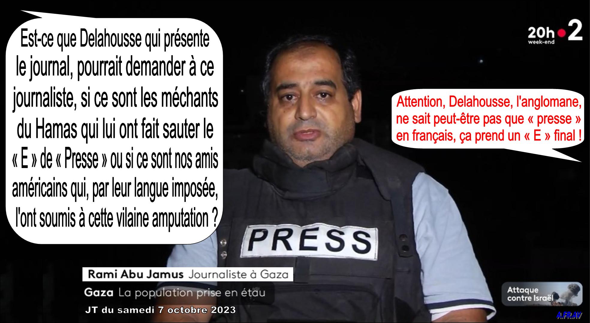 Rami Abu Jamus, journaliste à Gaza en Palestine et Laurent Delahousse anglomane au JT de 20h de France 2