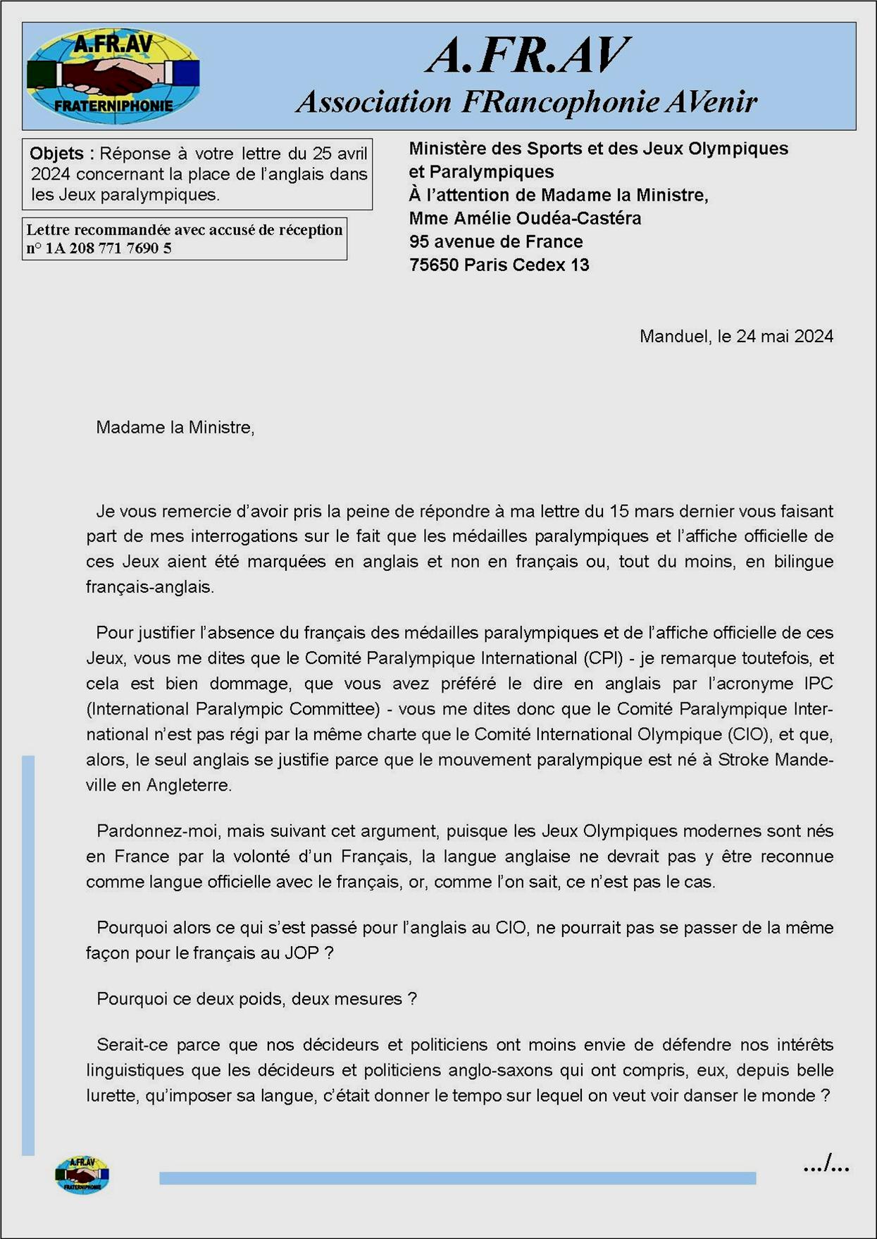 Reponse de l'Afrav  la lettre de la Ministre des Sports Amlie Ouda-Castra au-sujet de l'anglais des mdailles et de l'affiche des Jeux Paralympiques de Paris 2024