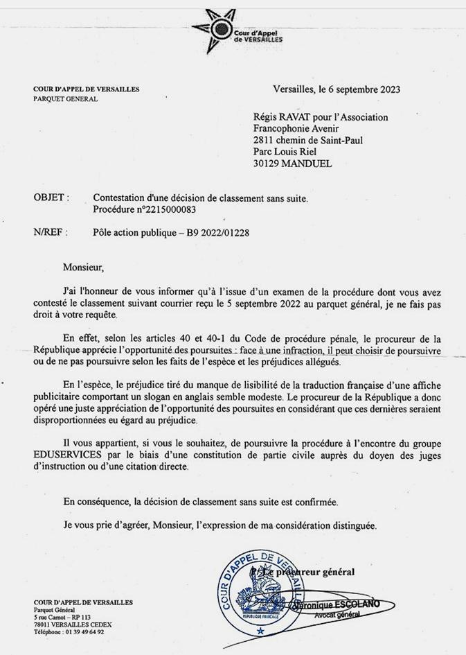 Reponse du procureur general de la cour d'appel de Versailles sur notre demande d'appel dans l'affaire Eduservices, le 6 septembre 2023