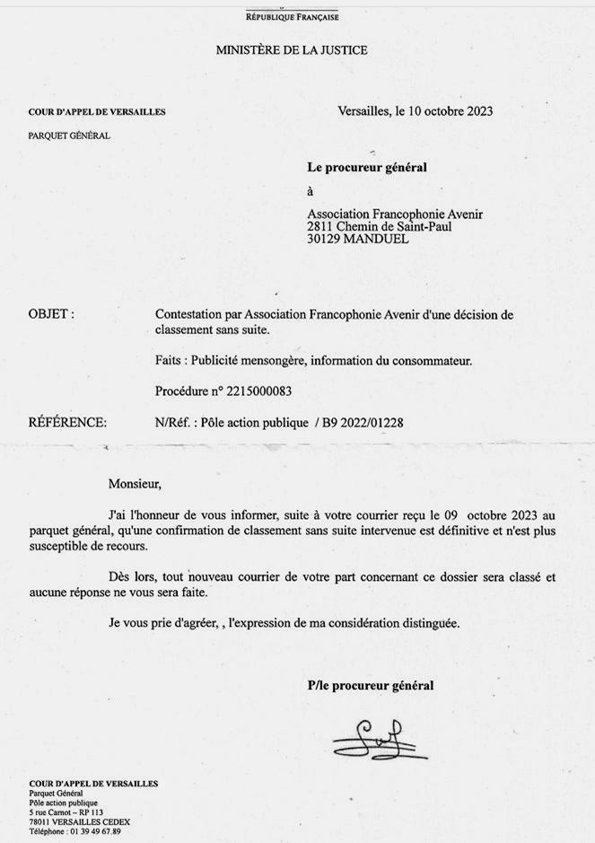 Réponse du procureur général de la cour d'appel de Versailles sur une plainte contre Eduservices, le 10 octobre 2023